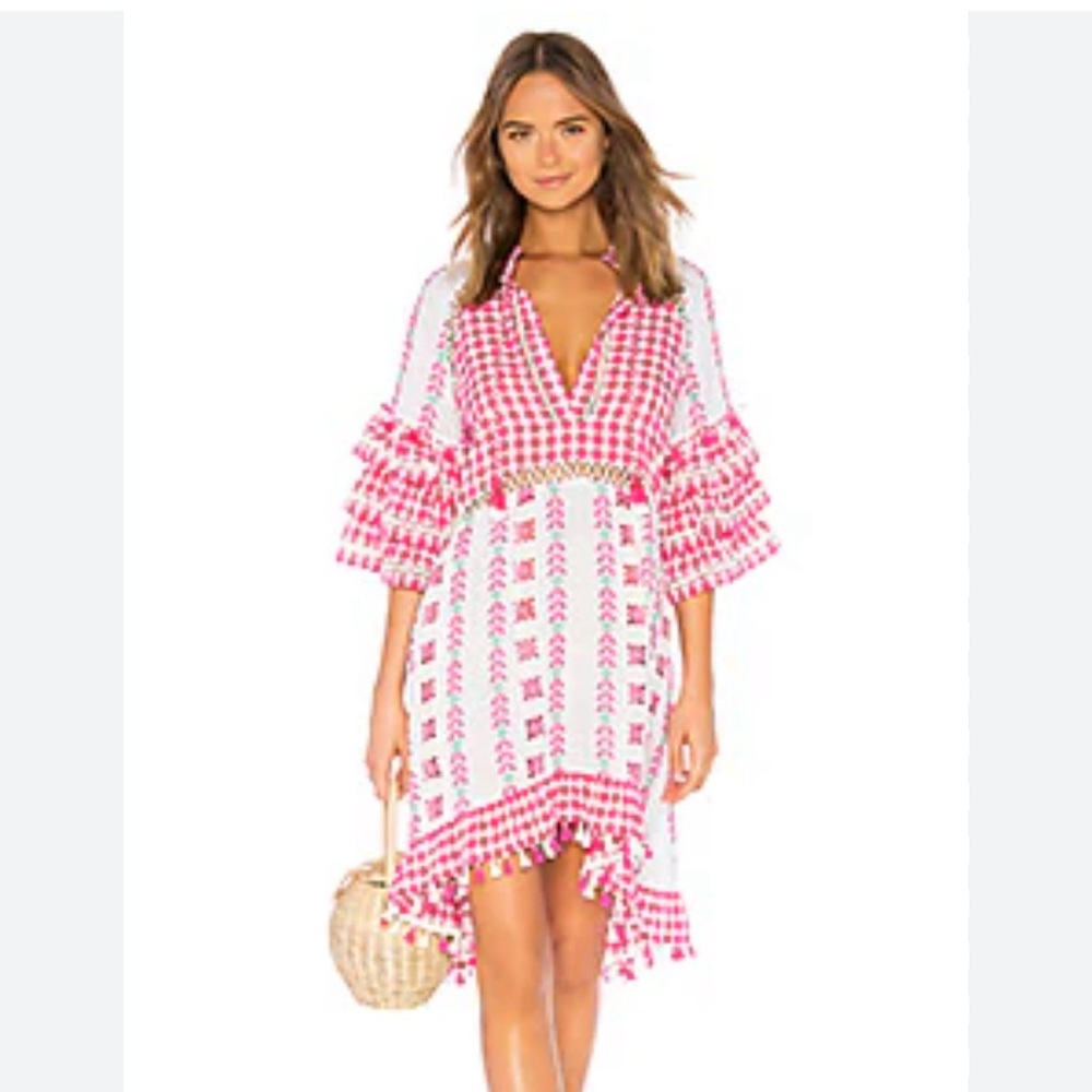 Pink Patterned V-Neck Tiered Sleeve Dress
